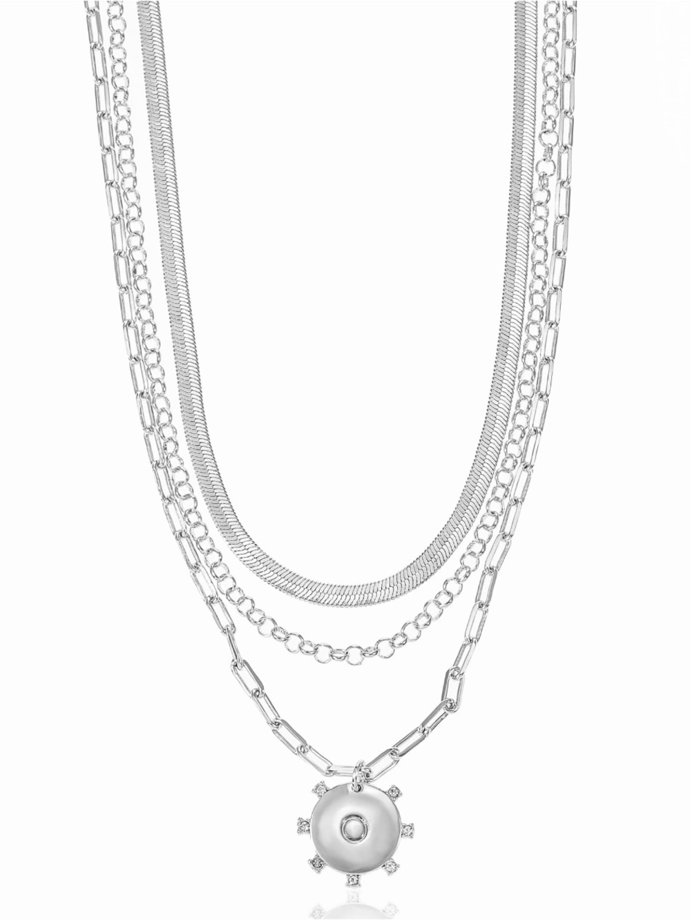 3 Piece Layered Silver Chain Necklace with Round Initial ‘o’ Pendant